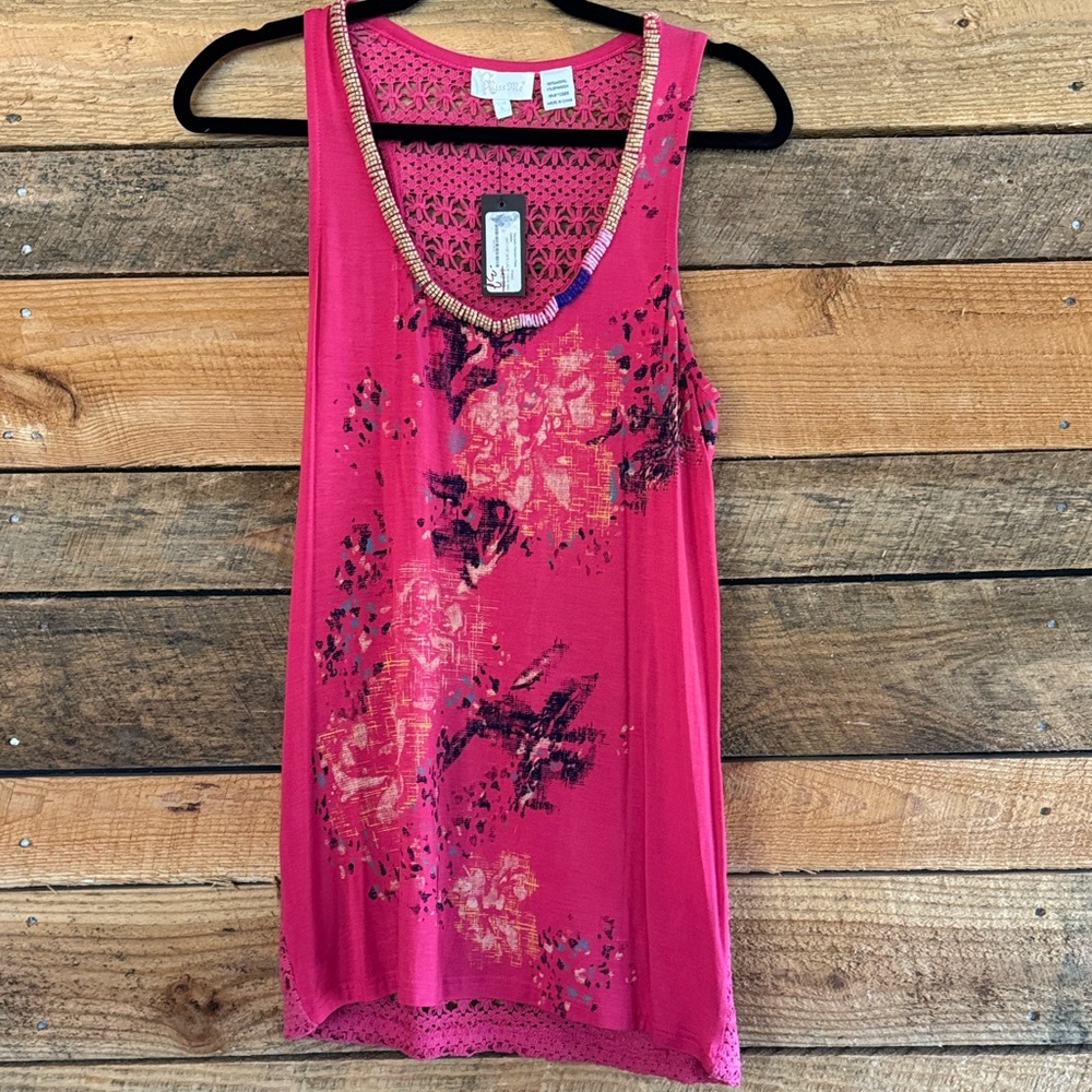 Miss Me Pink Boutique Tank Top with Crochet Back and beading on Front Size L NWT